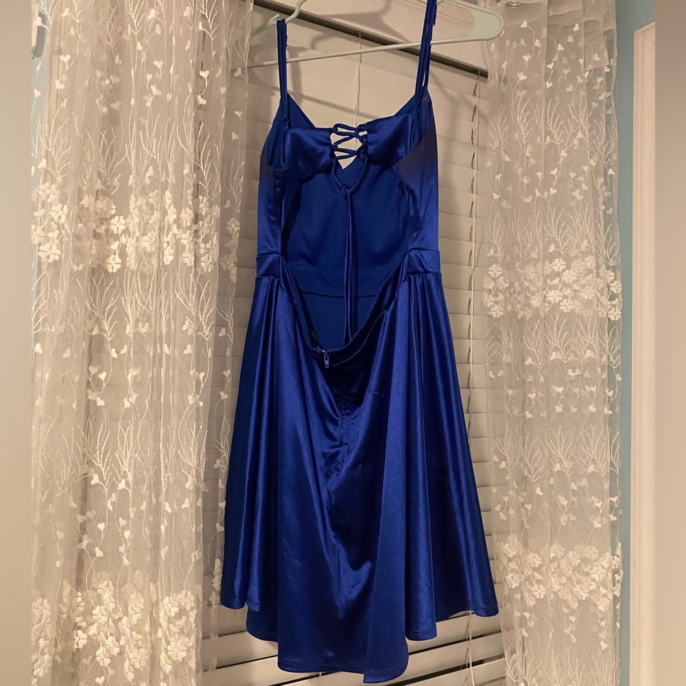 Beautiful midnight blue satin juniors pretty dress